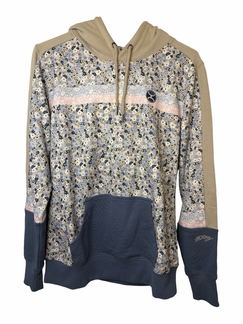 Hooey Ladies Green / Blue Ditsy Floral Print Hoody with Blue Sleeves